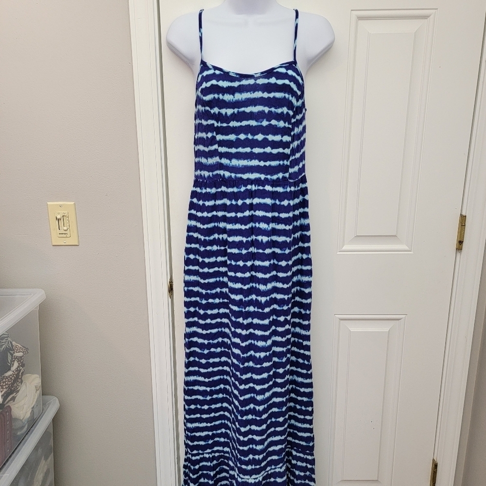 NWT Mossimo Blue White Striped Sleeveless Ruffle Hem Maxi Dress Side Zip Size XS